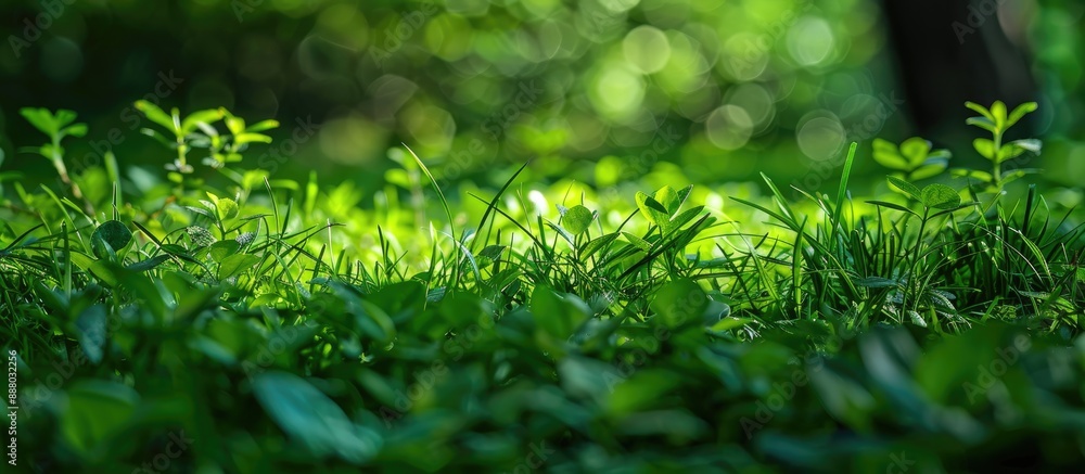 Poster close up hdr image focusing on grass and leaves with a local emphasis and ample copy space
