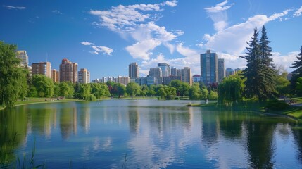 Fototapeta premium An urban park with a lake and city buildings in the background