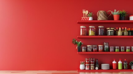 Colorful pantry shelves against red wall