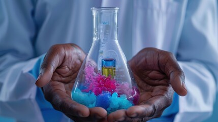 A scientist holding a beaker with colorful chemical reactions inside on an isolated background