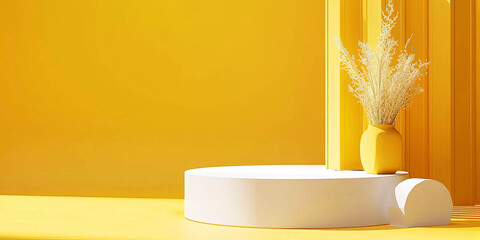 Minimalist Yellow Interior with White Pedestal and Decorative Vase in Sunlit Room