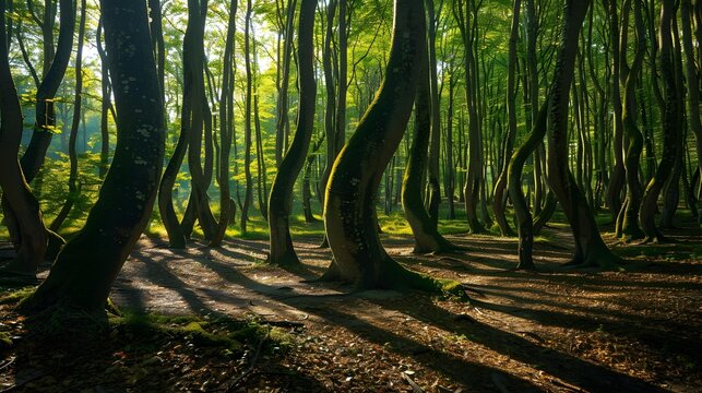 Hoia Baciu Forest with lush trees and strange curved trunks, sunlight penetrating creating mysterious shadows on the ground
