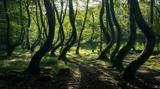 Hola Baciu Forest with lush trees and strange curved trunks, sunlight penetrating creating mysterious shadows on the ground