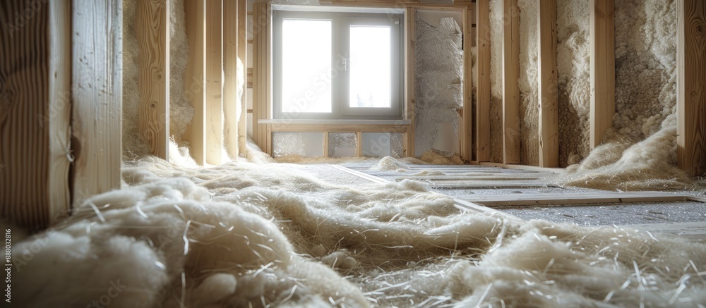 Poster fluffy mineral rockwool layer in a house under construction with space for adding images of the text