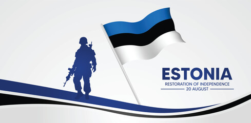 Estonia Restoration of Independence solider standing with waving flag vector poster 