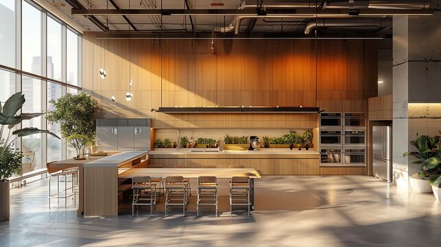 Modern office kitchen with sleek appliances, communal tables, and a relaxed atmosphere, showcasing workplace culture