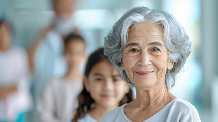 Fototapeta premium A woman with gray hair is smiling at the camera. She is surrounded by children, one of whom is wearing a white shirt. The scene appears to be a family photo