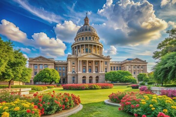 Historic Texas State Capitol building in Austin, with majestic dome and columns, surrounded by lush greenery and vibrant flowers on a sunny day.