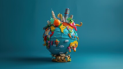 Naklejka premium A globe with various landmarks and cultural symbols emerging from it on an isolated background