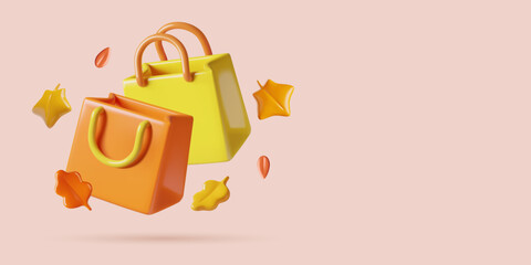 Shopping bags autumn background with 3d vector red and yellow fall leaves. Thanksgiving advertising, sale and discount concept three dimensional realistic banner design with cope space. 