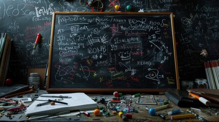  A chalkboard with complex mathematical equations written in white chalk on an isolated background