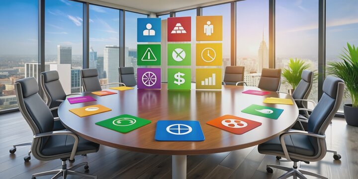 Colorful icons of risk assessment tools and compliance frameworks surround a central planning table, symbolizing strategic integration and informed decision-making in a corporate setting.