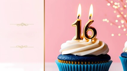 Cupcake with Gold Candle Number 16 on Pink Background and Bokeh Lights
