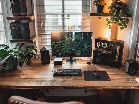 Remote work setup with dual monitors, a sleek desk, and a comfortable home office environment - Powered by Adobe