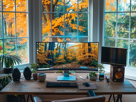 Remote work setup with dual monitors, a sleek desk, and a comfortable home office environment
