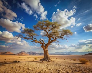 Barren desert landscape stretches far and wide, with a solitary, gnarled, and worn tree standing tall, defying the scorching heat and arid conditions.