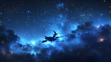 Naklejka premium Mystical Witch Soaring Across Starry Night Sky