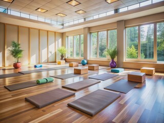 Serenely lit yoga studio with mats, blocks, and straps, awaits a group class, evoking feelings of tranquility, wellness, and inner peace, perfect for mind-body health therapy.