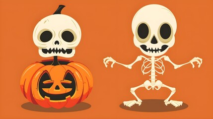 Halloween cartoon characters - skeleton (skull), jack-o-lantern