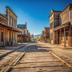 Deserted main street of an old western town lined with weathered wooden buildings, abandoned saloon, and cracked pavement under a clear blue sky.