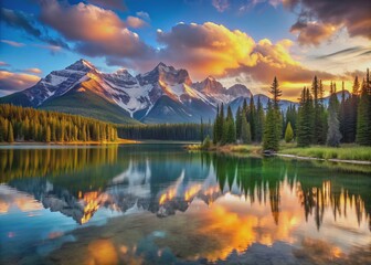 Obraz premium Vibrant dawn breaks over a serene mountain lake, casting a warm golden light on the tranquil water, surrounded by majestic snow-capped peaks and lush green forests.