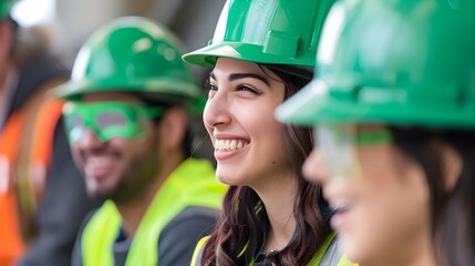 Group of construction workers wearing green hard hats and safety vests, focusing on a smiling female worker.