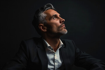 Obraz premium A confident businessman in a black suit seated in a dark studio background, looking away with a determined expression. Suitable for business, corporate, finance, and leadership concept usage.