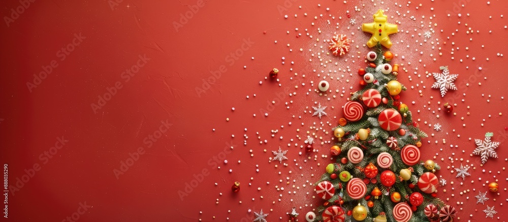 Poster a festive christmas tree design with candies and snowflakes on a red backdrop viewed from above with
