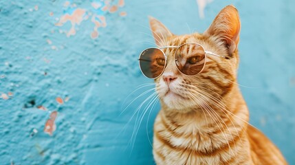 cat wearing glasses on blue background