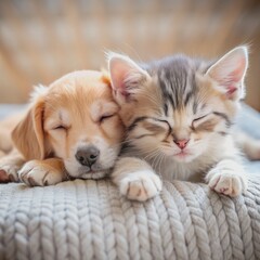 Adorable kitten and playful puppy snooze peacefully side by side, showcasing heartwarming friendship and loving companionship between two beloved domestic animals in a cozy home setting.