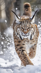 Fototapeta premium Bobcat in mid-pounce, Dynamic action shot, Snow-covered ground, Winter setting