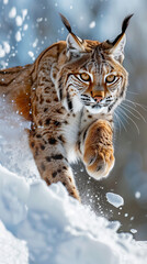 Obraz premium Bobcat in mid-pounce, Dynamic action shot, Snow-covered ground, Winter setting