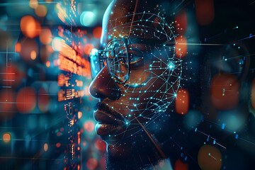 AI cyber security threat illustration, black african american IT specialist, artificial intelligence collage