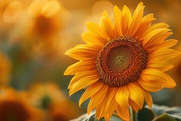 Obraz premium Detailed close-up of a beautiful sunflower, capturing its mesmerizing golden petals and intricate patterns in stunning clarity.