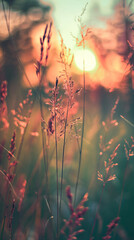 wildgrass at sunrise with blurred background, created with generative AI technology