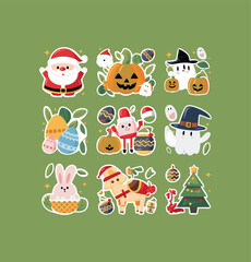 Fototapeta premium Holidays printable stickers clipart illustration set