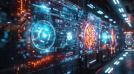 Obraz premium Digital art installation with interactive elements, holographic displays, and a futuristic aesthetic, showcasing innovative creativity