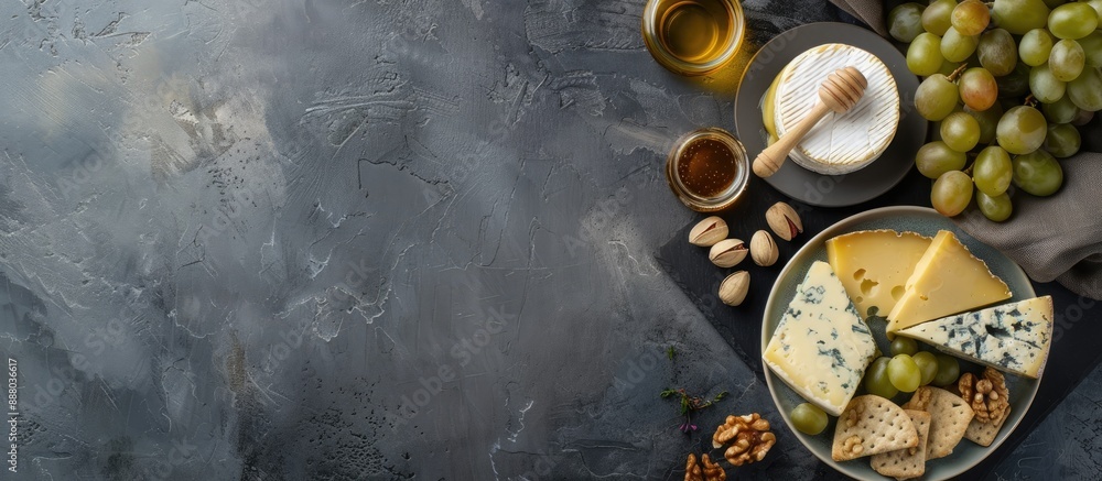 Poster flat lay arrangement of a cheese plate with honey grapes and nuts on a grey table providing ample sp