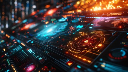 Obraz premium Digital interface with floating holograms, touch-sensitive surfaces, and vibrant graphics, representing innovative user interfaces