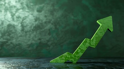 Green arrow going up in front of green backdrop with copy space, market green growth concept image