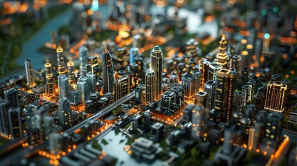 Digital smart city model with interconnected systems, real-time data, and sustainable infrastructure, showcasing urban technology