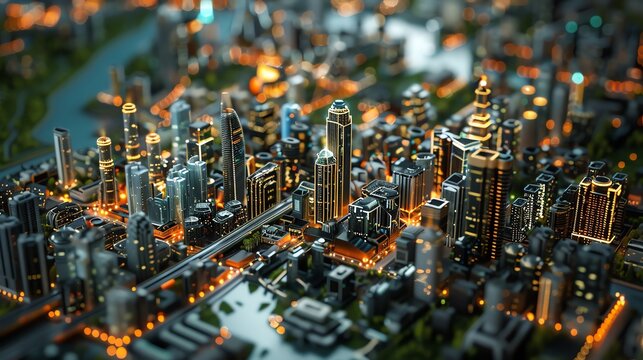 Digital smart city model with interconnected systems, real-time data, and sustainable infrastructure, showcasing urban technology