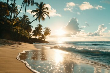 A serene and picturesque beach scene featuring tall palm trees, calm ocean waves gently reaching the shore, and a stunning sunset creating a peaceful atmosphere.