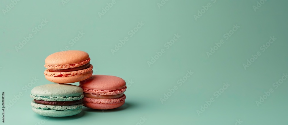 Poster colorful macaron displayed on a soft pastel green backdrop with space for additional images commonly