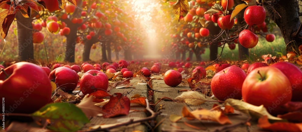 Poster a scenic autumn orchard setting displaying fully grown red apples on the trees with leaves surroundi