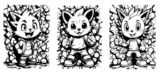 Fototapeta premium Cartoon black and white graffiti. Pattern for T-shirts, posters. Generated by Ai