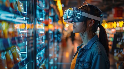 Futuristic retail innovation with AI recommendations, personalized shopping experiences, and smart checkout, showcasing commerce technology