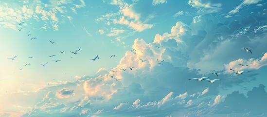 White fronted geese soaring peacefully in a beautiful blue sky with a vast copy space image view