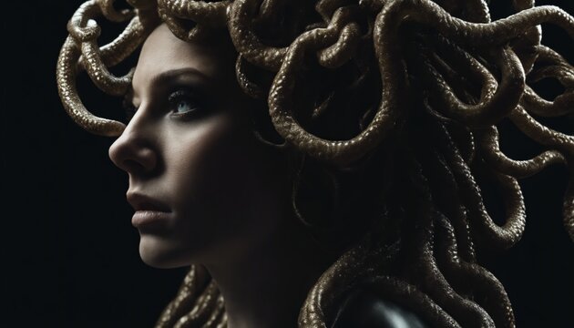 side profile of real person gorgon medusa head with snake hair 