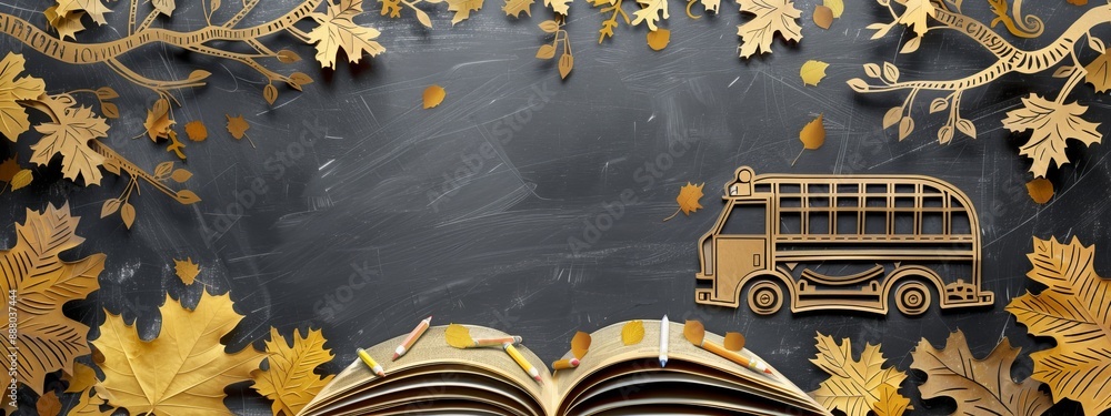 Poster over a blackboard background is a banner depicting the school bus and pencils on top of a tree sketc